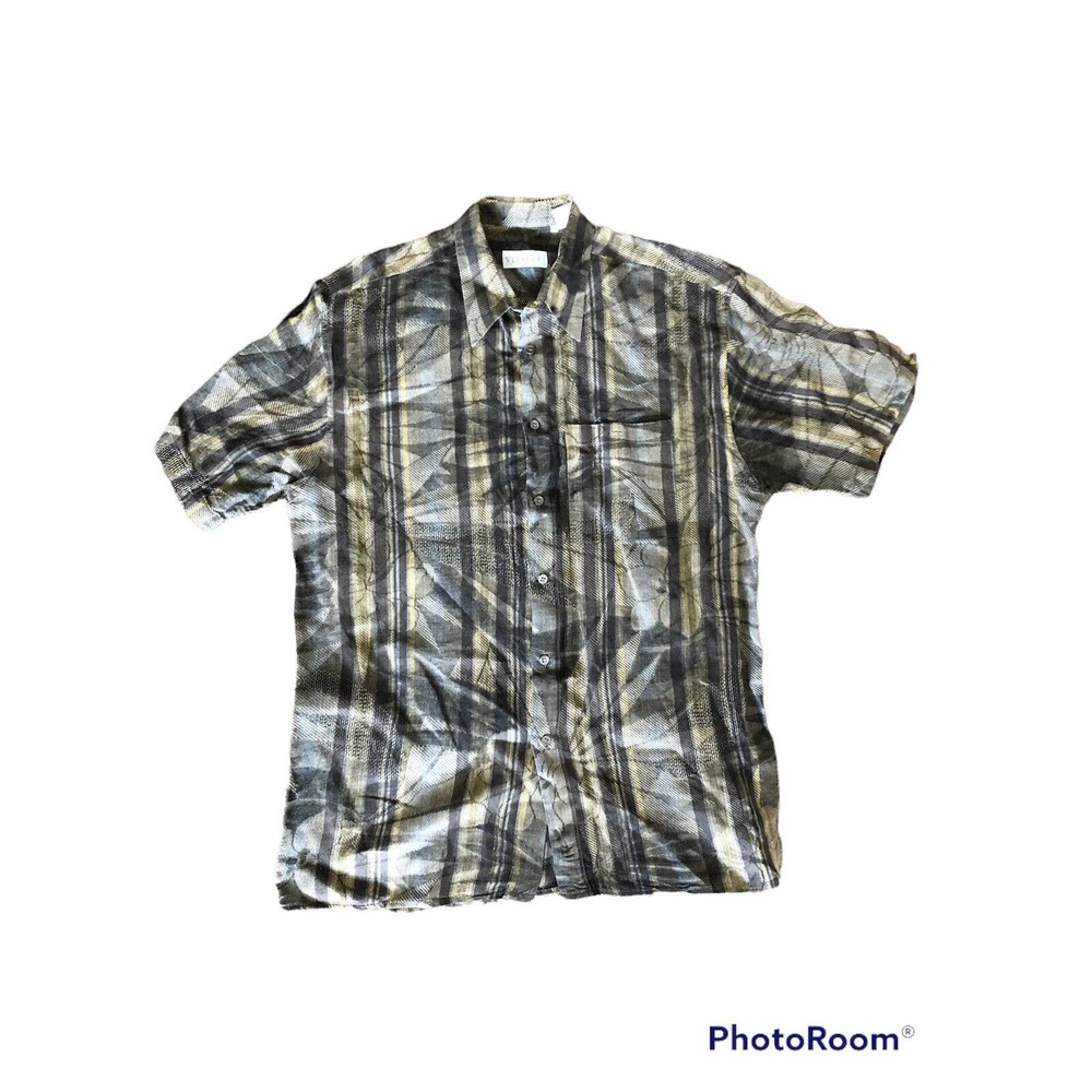 Vtg Abstract Print Mens Button Down Shirt 100% Linen 80s 90s Vivaldi Italy L